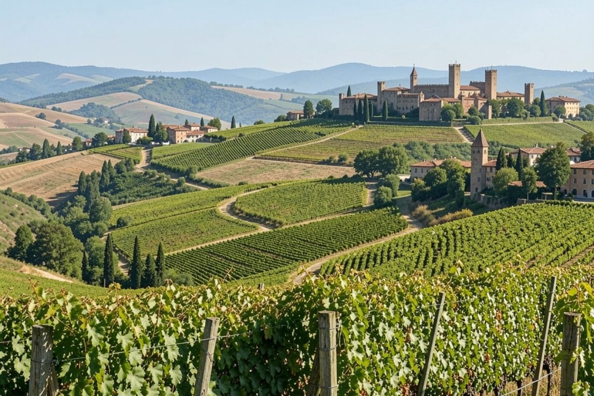 Panorama delle colline vitate di Asti, con torri medievali sullo sfondo