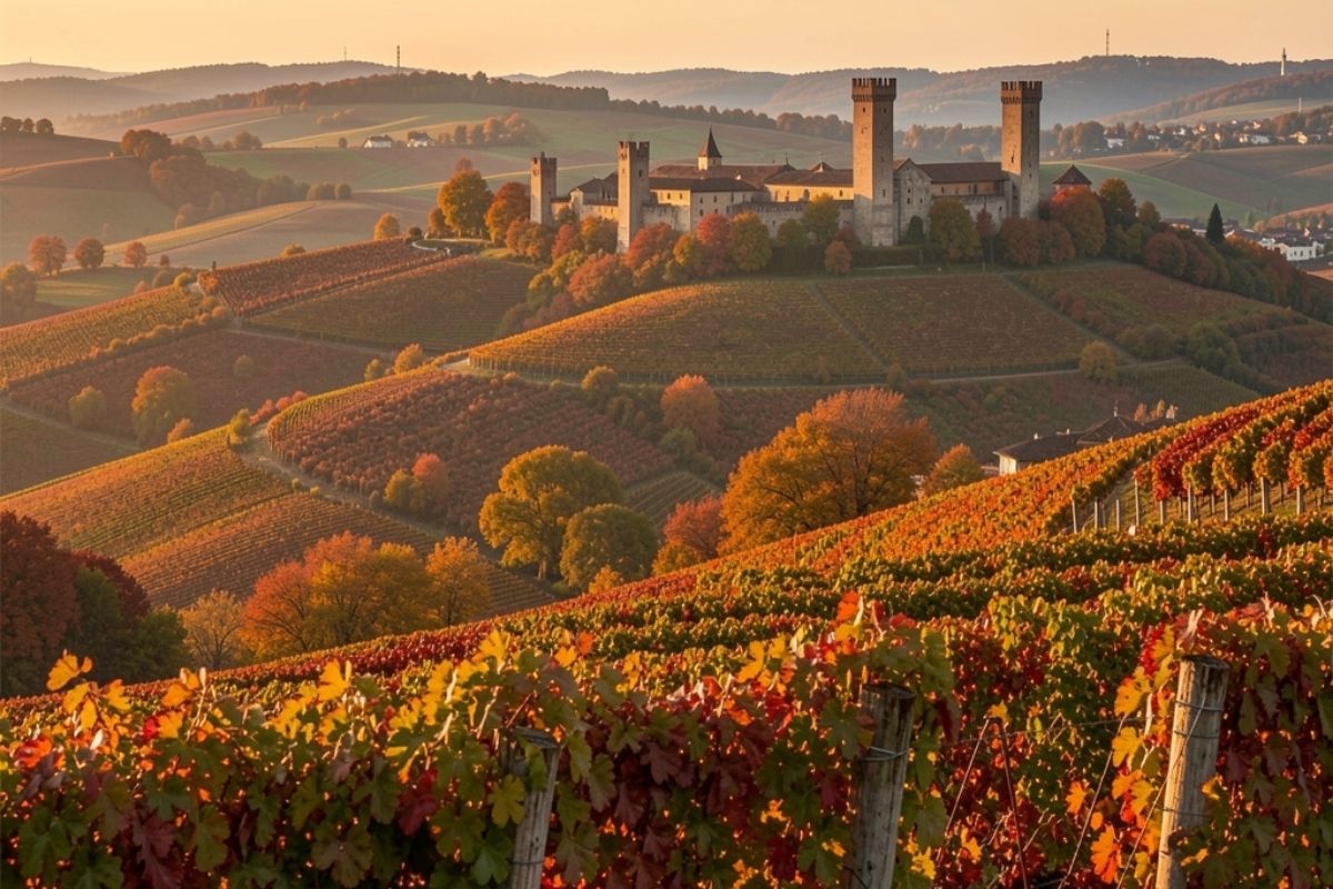 Vista panoramica delle colline vitate di Asti con torri medievali sullo sfondo