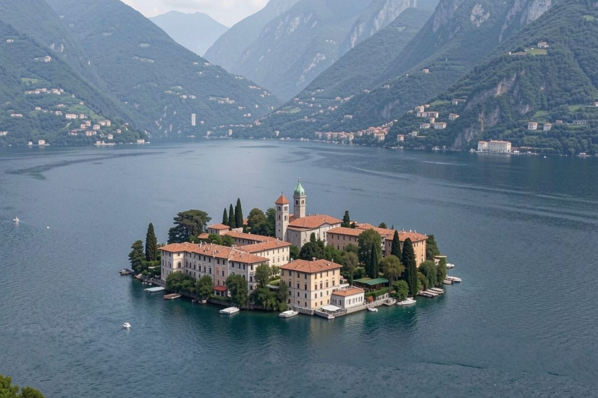 Vista panoramica di Orta San Giulio e del lago, evidenziando il paesaggio naturale